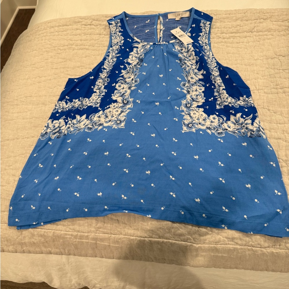 LOFT Blue and White Flowy Embellished Tank Top